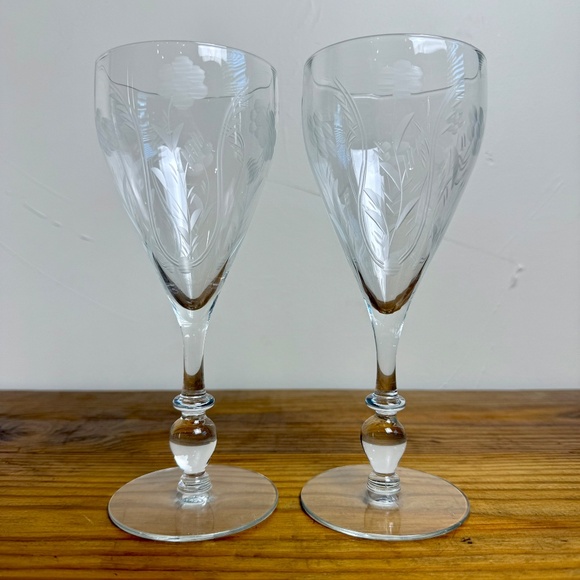 Vintage Etched Crystal Wine Glasses | Floral Cut Stemware | Set of 2 - Picture 4 of 11